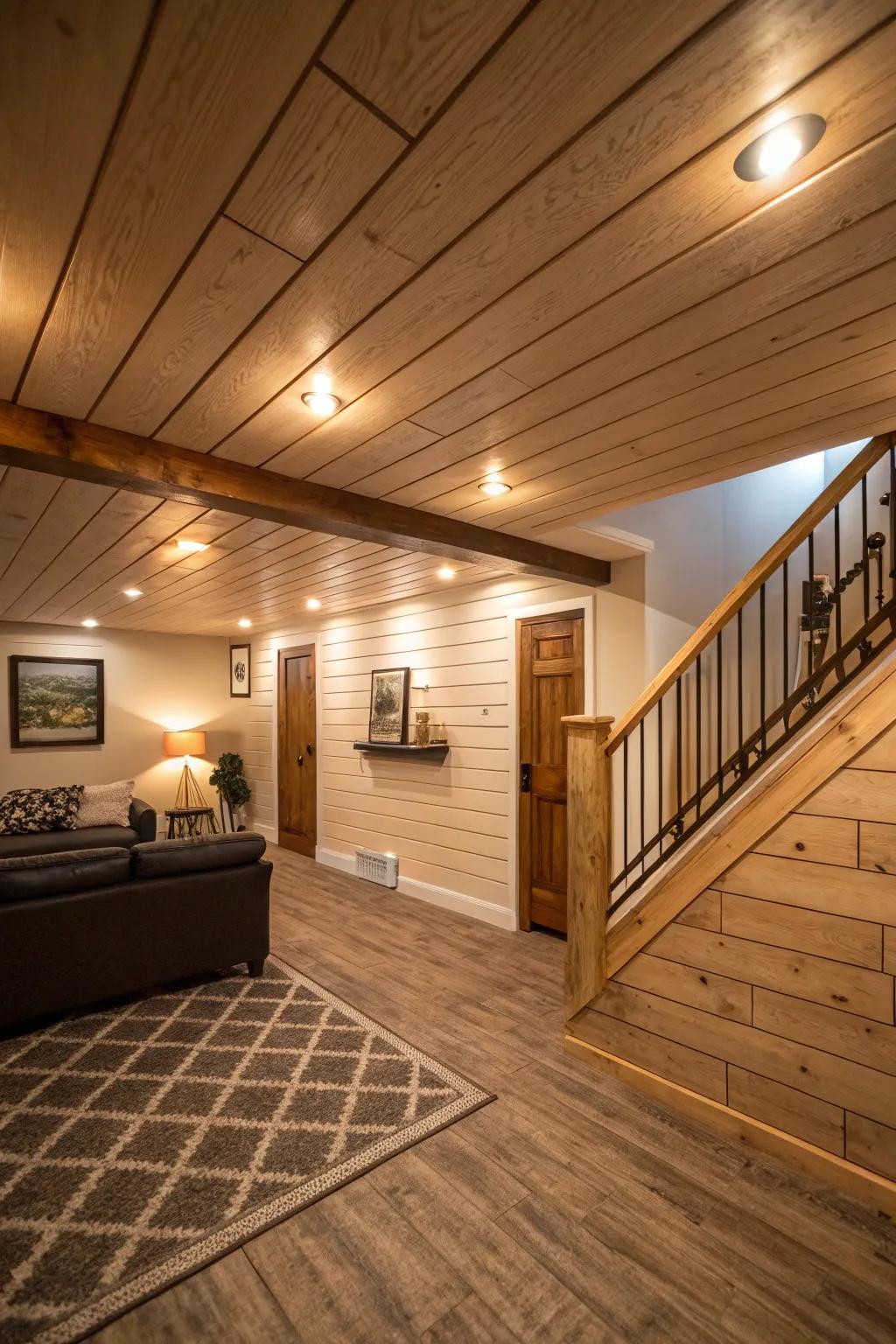 A cozy basement enhanced with a board and batten ceiling.