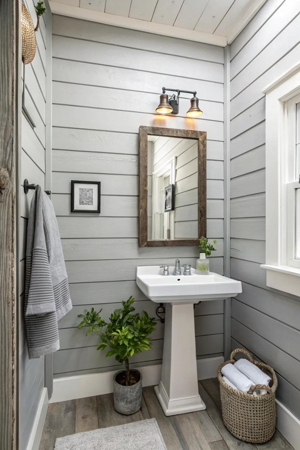 A bathroom featuring gray panel walls for a muted aesthetic.