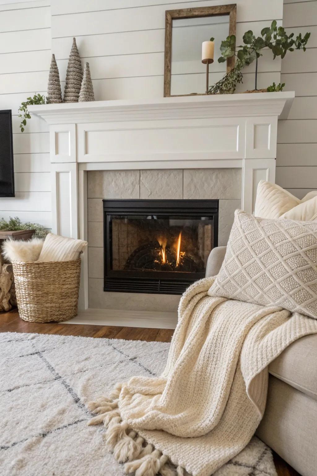 Neutral shiplap fireplace creating a bright and ethereal ambiance.