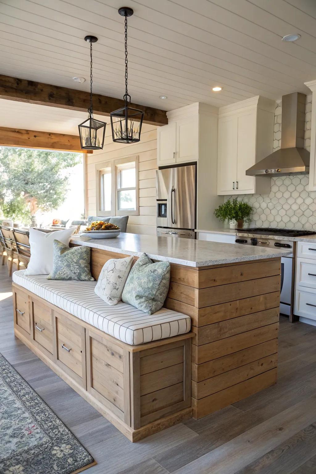 Shiplap island with comfortable integrated seating.