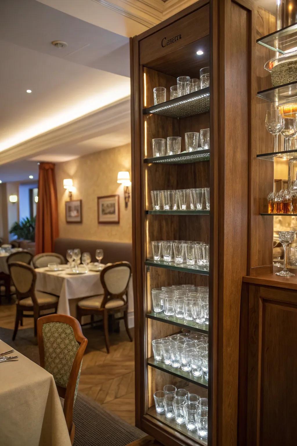 A snug victual chamber recess showcasing a towering slender platform replete with commemorative glasses.