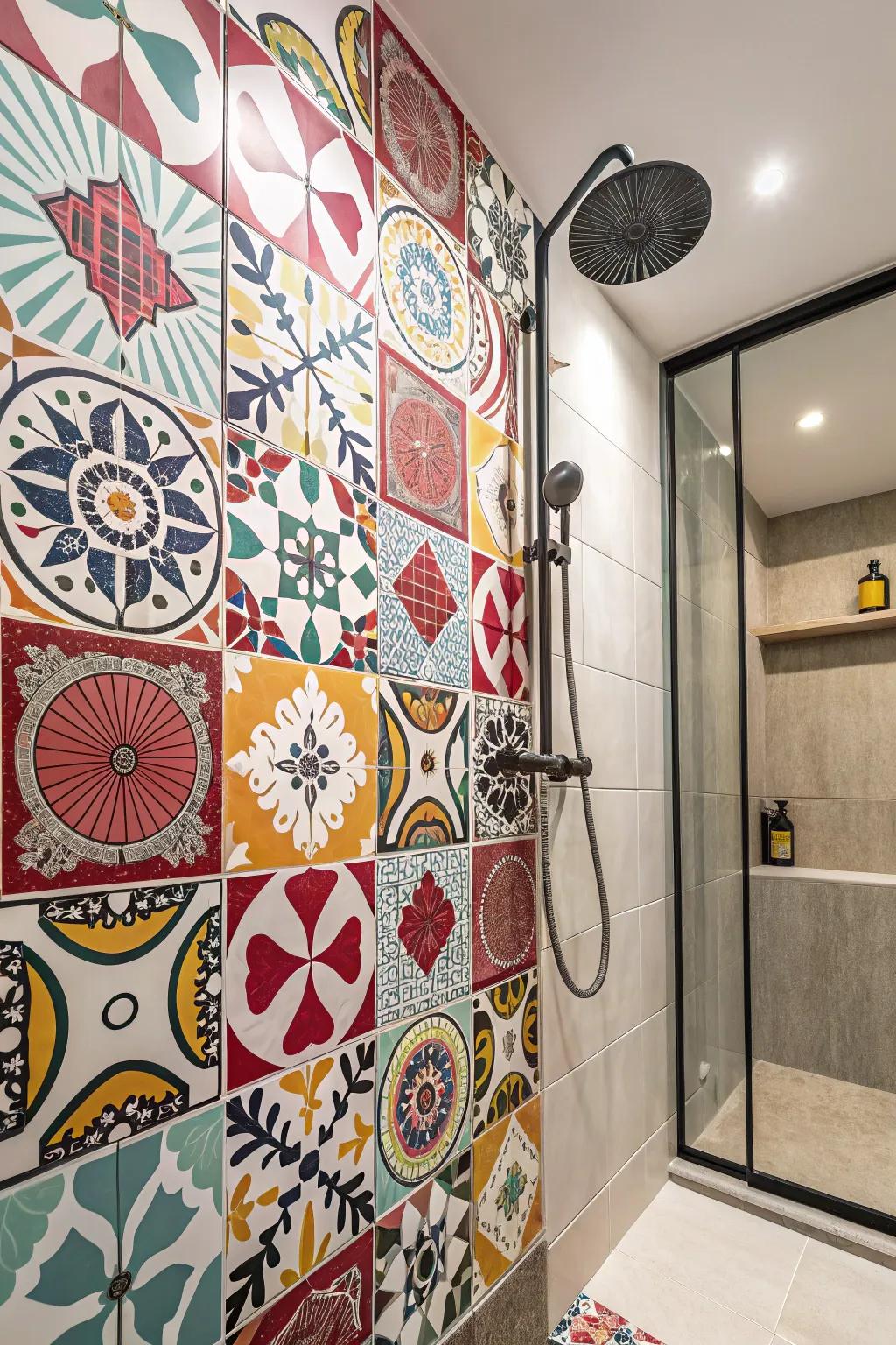 A shower adorned with distinctive tiling in vibrant patterns and hues.