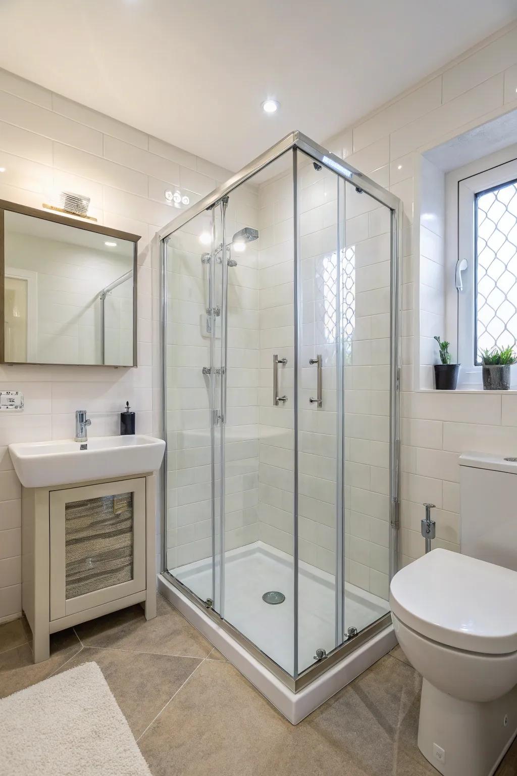 In a small bathroom, a corner shower makes effective use of the available space.