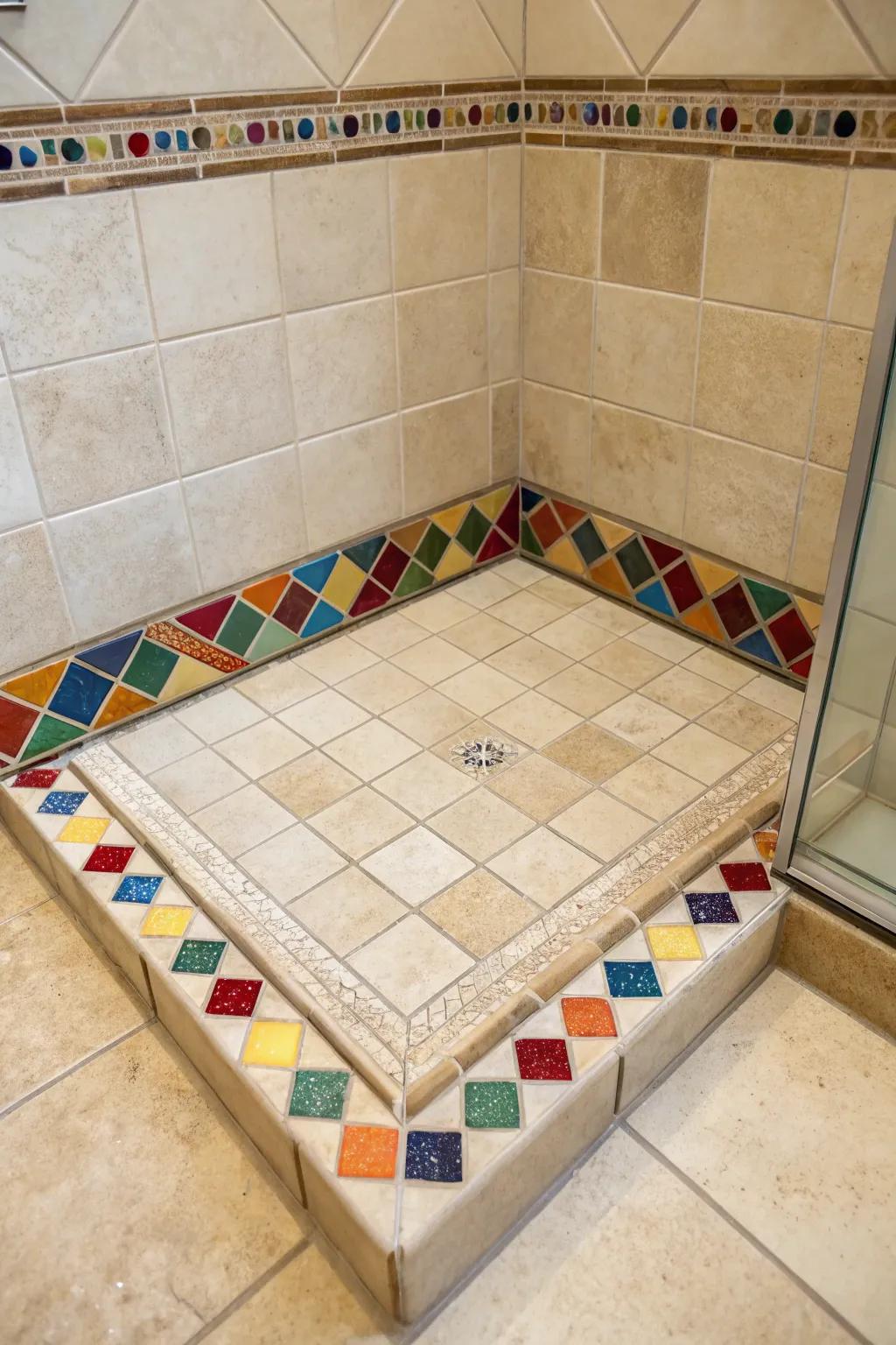 Vibrant emphasis tiles fashion a stunning border on this shower base, adding a burst of inventiveness.