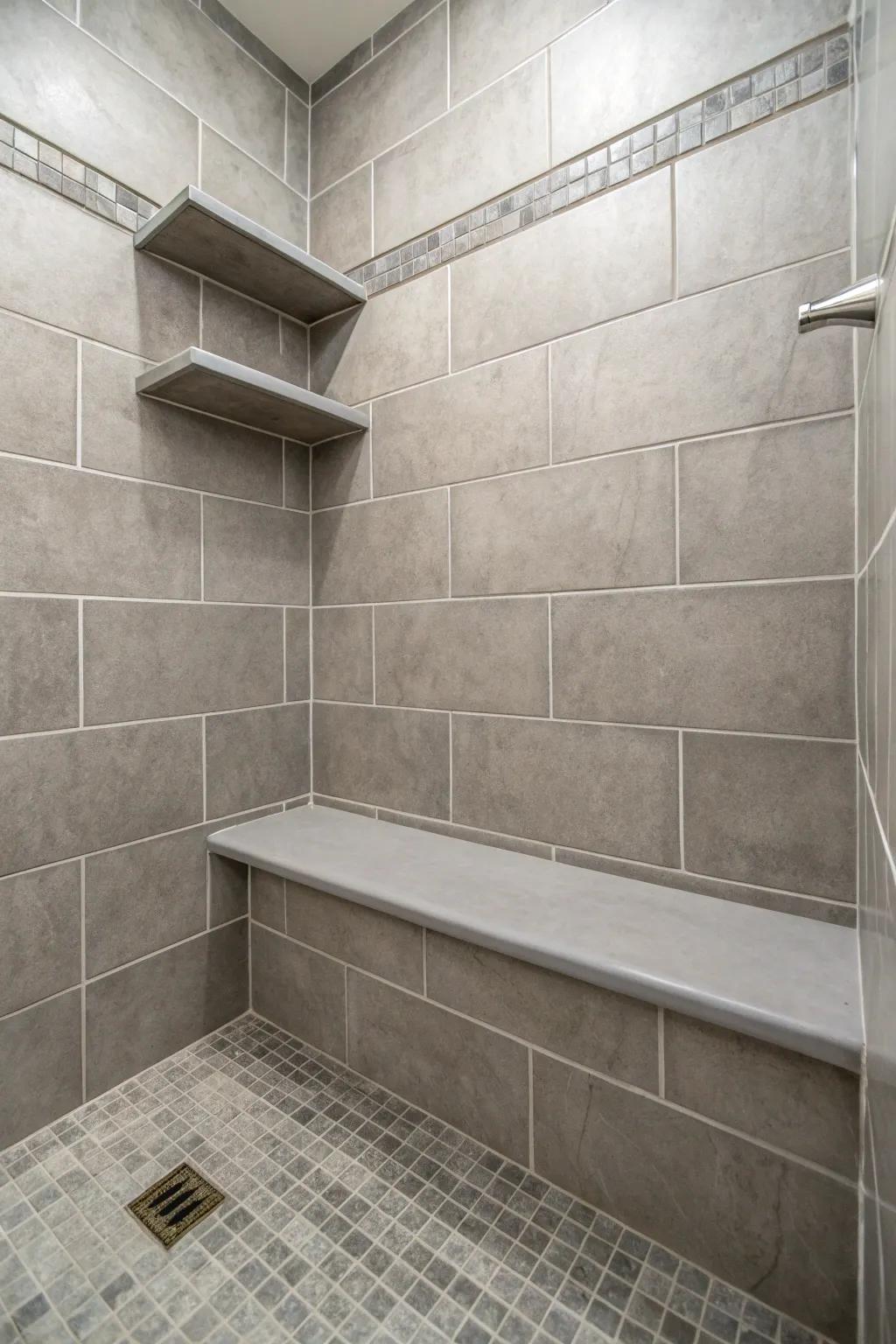 Functionality encounters fashion via integrated attributes within a pewter tone tiled bathing space.