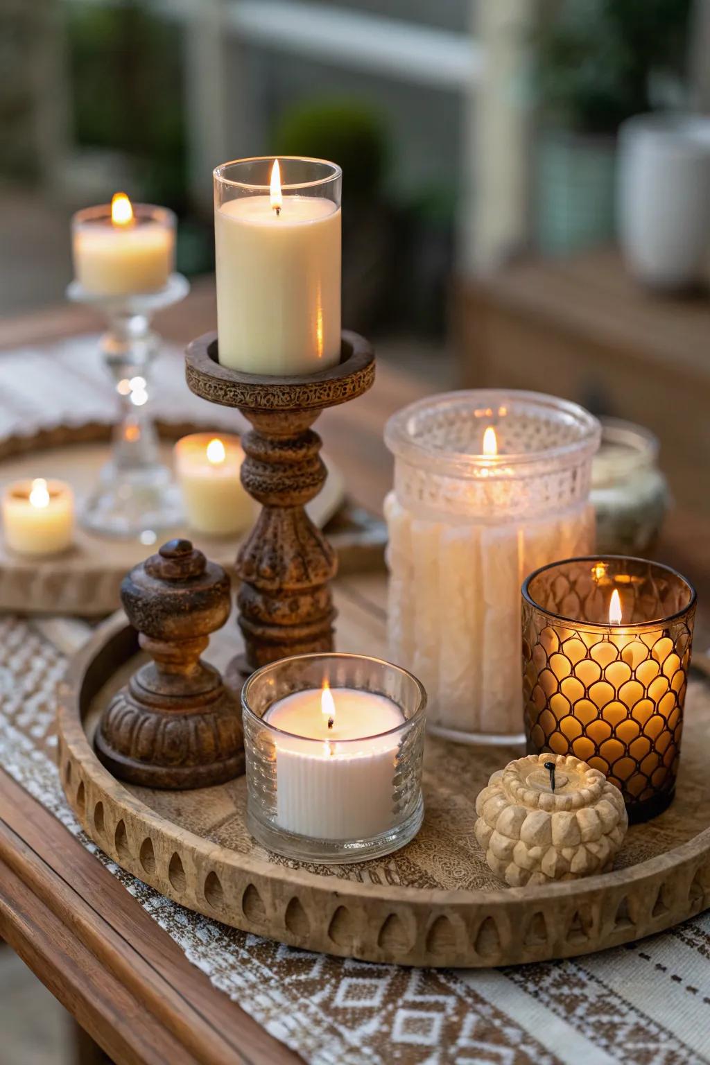 A cozy side table arrangement with an array of lights.