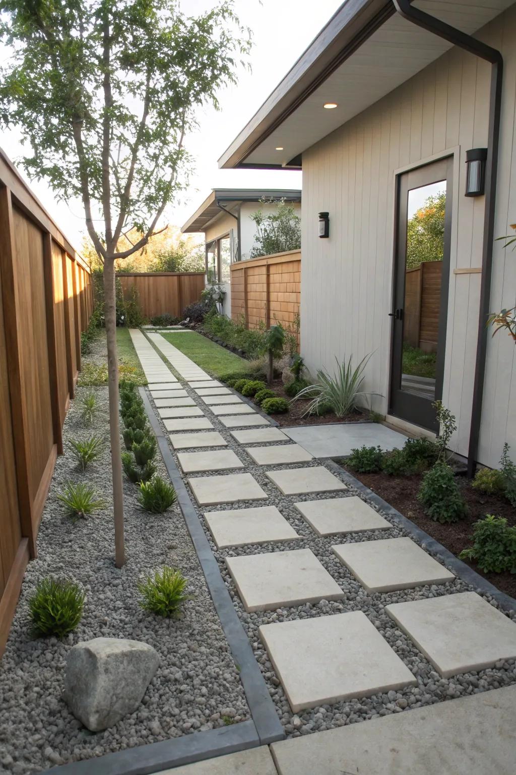 Gravel and pavers fashion a chic and low-maintenance path.