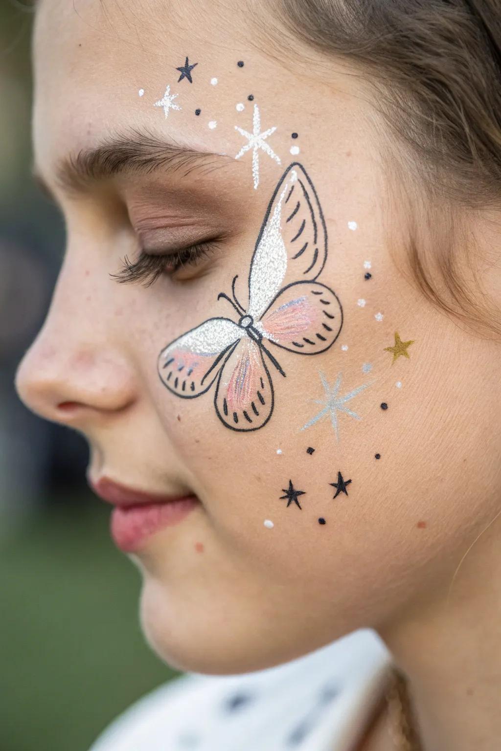Embrace the wonder of simplicity with a starry-eyed butterfly visage art, where simplicity meets magic.