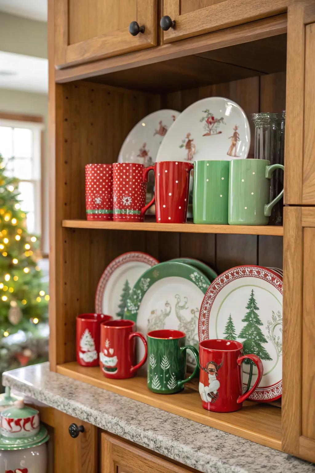 Seasonal tableware adds festive charm.