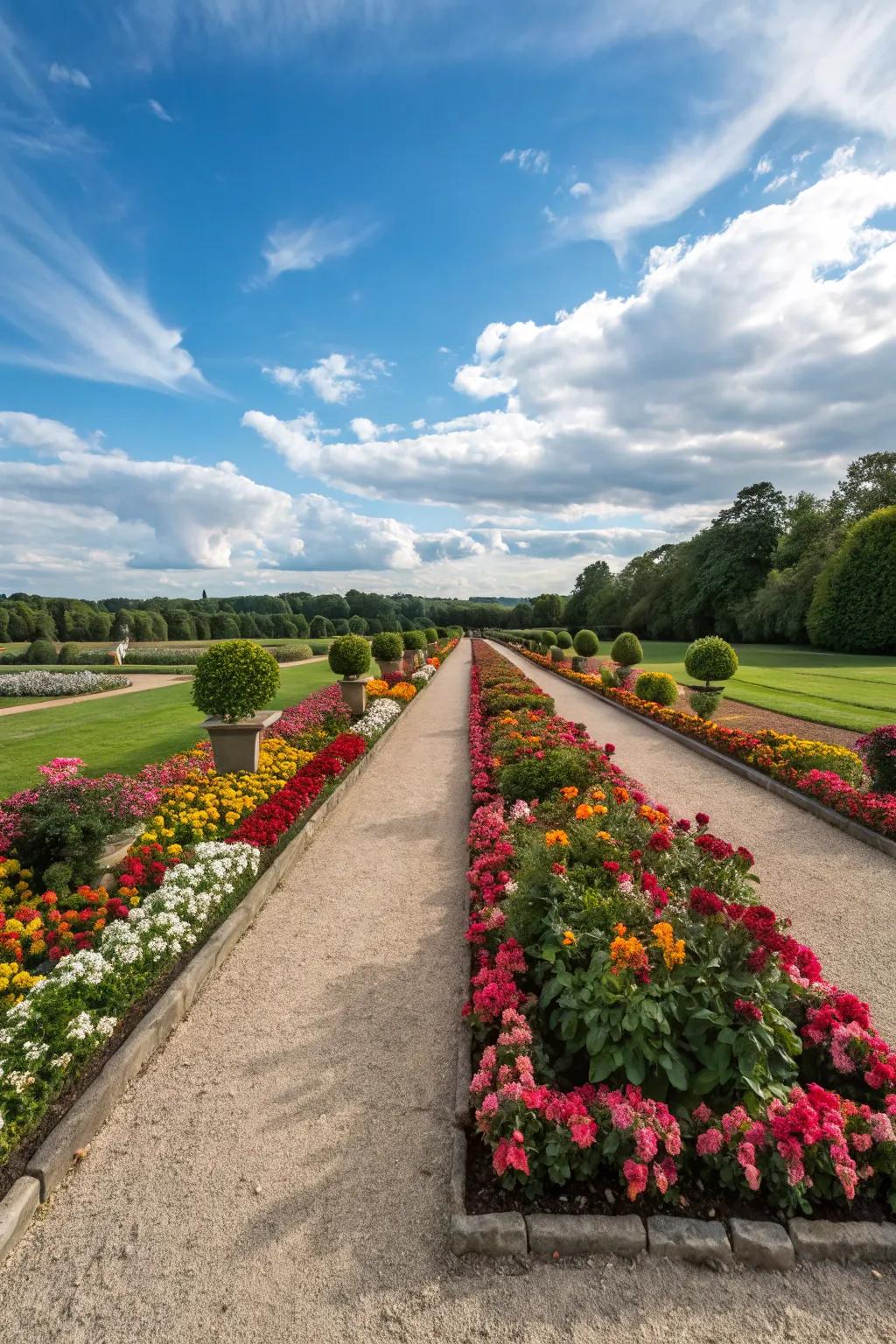 A balanced flower bed layout engenders a harmonious aesthetic that complements the house's architecture.