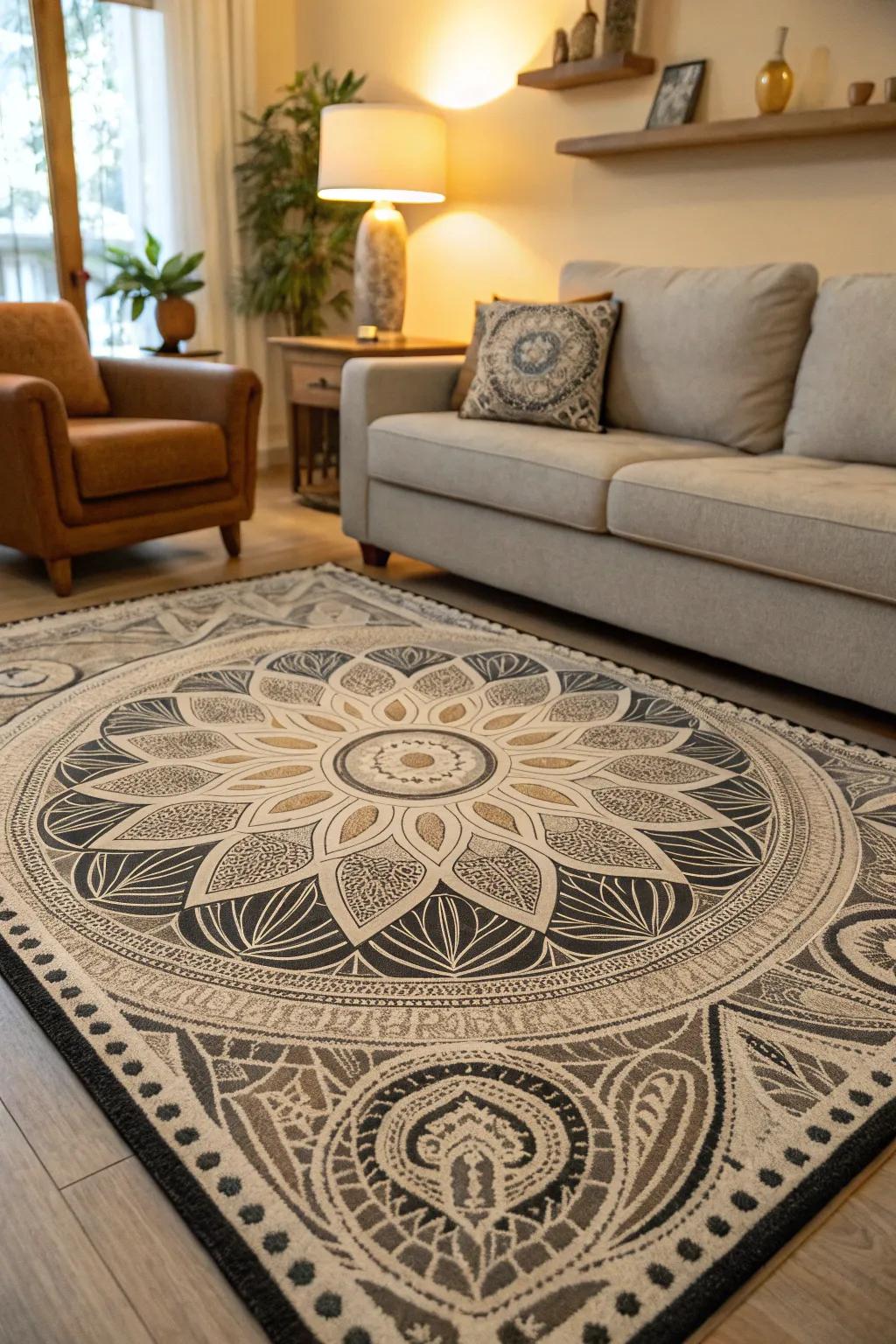 A floor covering with fractal patterns incorporates sophistication and unity to the living space.