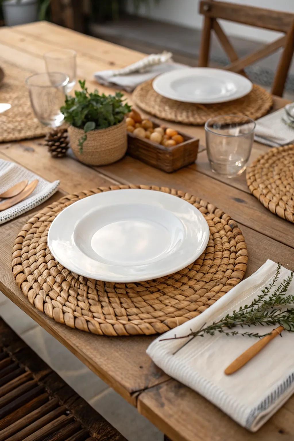 The lunch table is given an earthy touch with wooden placemats.