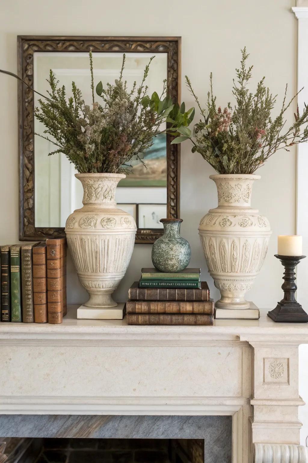 Uniformity contributes a harmonious impression to this finely balanced mantel.