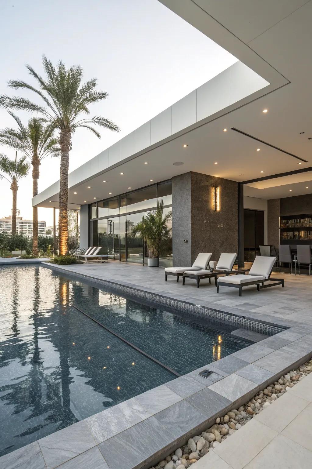 A fashionable retreat with sleek, current styles near the pool.