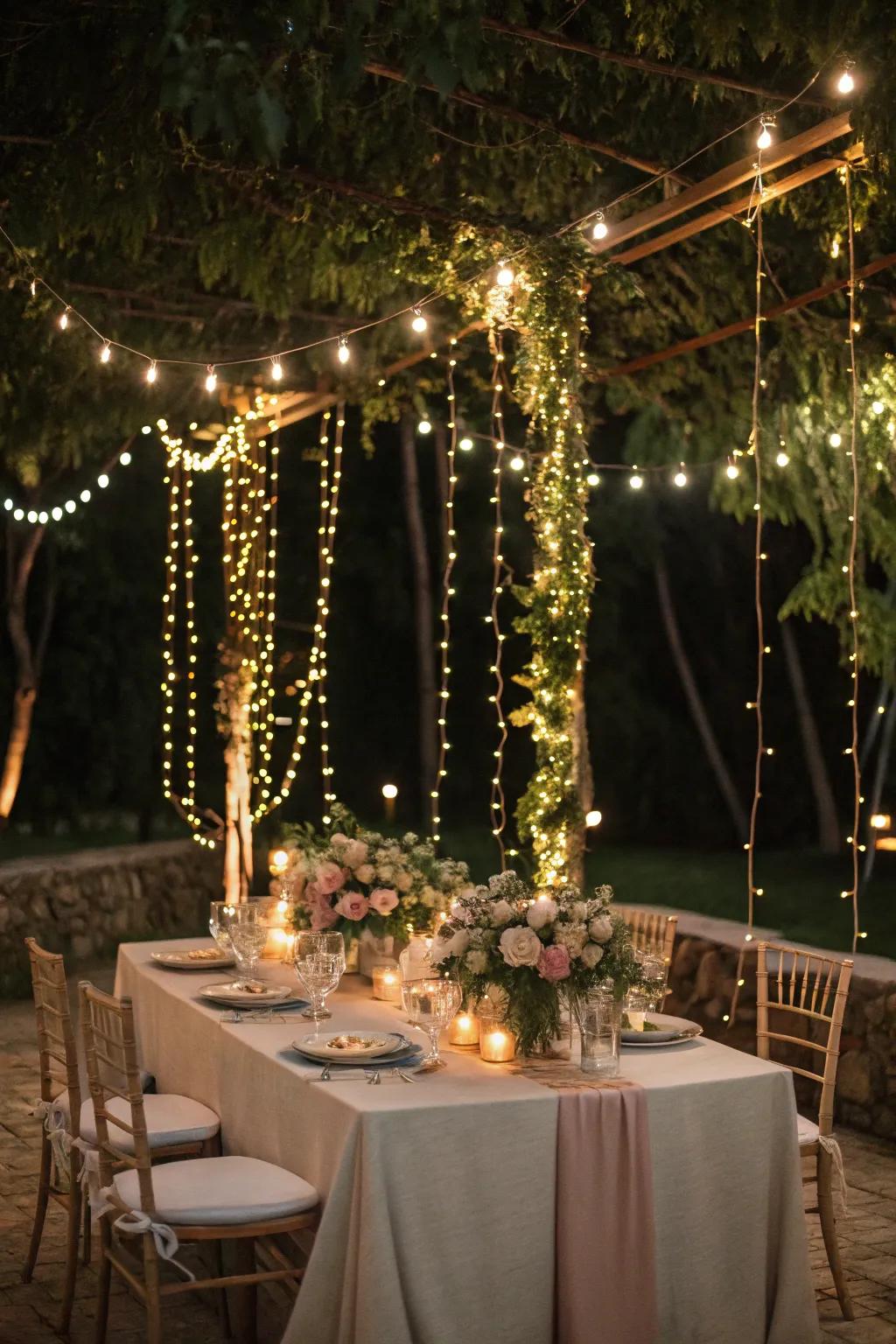 String lights woven through greenery create a magical ambiance.