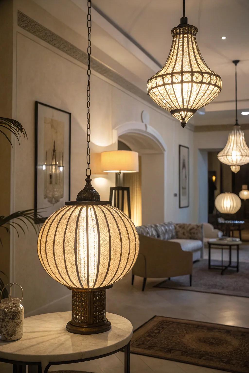 A space altered by elegant lighting installations.