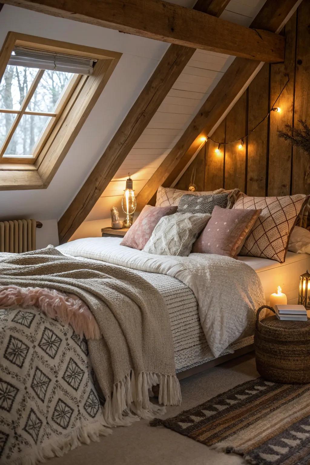 In an attic bedroom, warm textiles contribute to the creation of a warm haven.