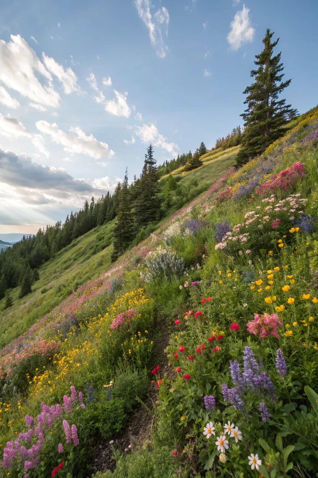 A bright mixture of field flowers and long-lasting plants adorns this hillside.