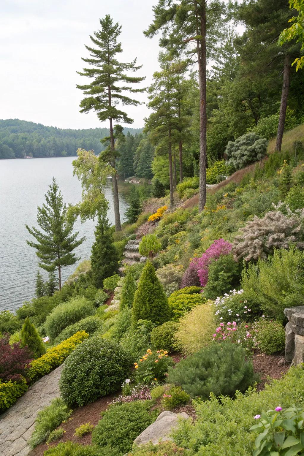 Levels of lush greenery produce a vibrant landscape by the lake.