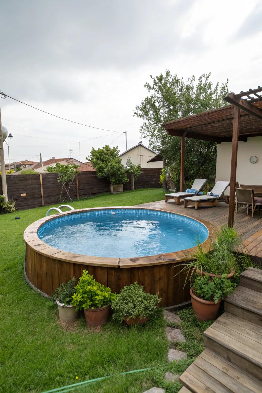 A uniquely shaped above-ground pool that catches the eye.