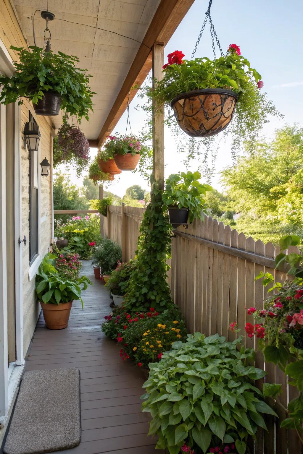 Lush greenery contributes a revitalizing touch to a modest back porch.