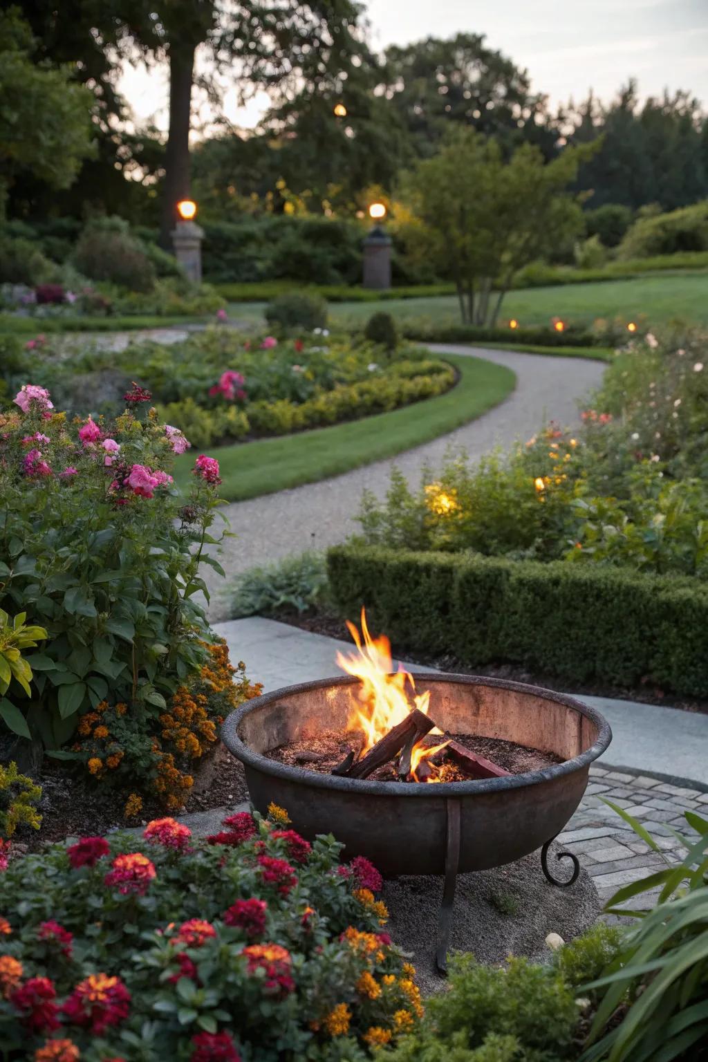 Enclosing the fire pit with greenery and blooms cultivates a serene, natural vibe.