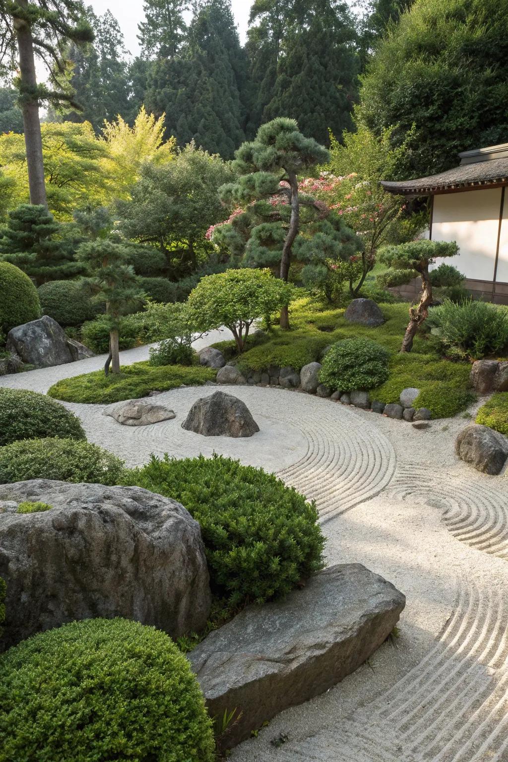 A zen garden featuring layered bushes and small trees to create depth and privacy.