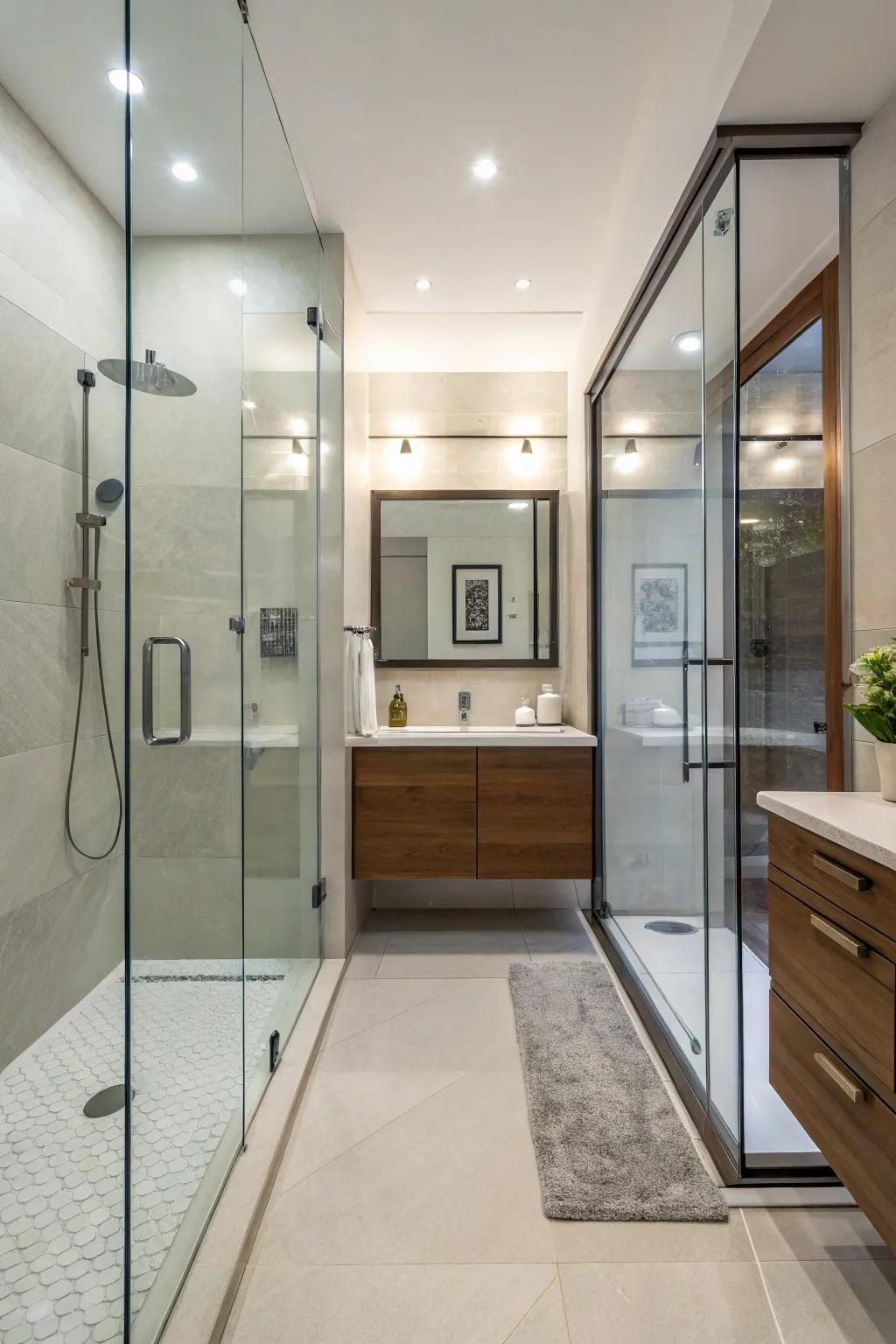 A glass shower door without a frame adds openness to a compact bathroom.
