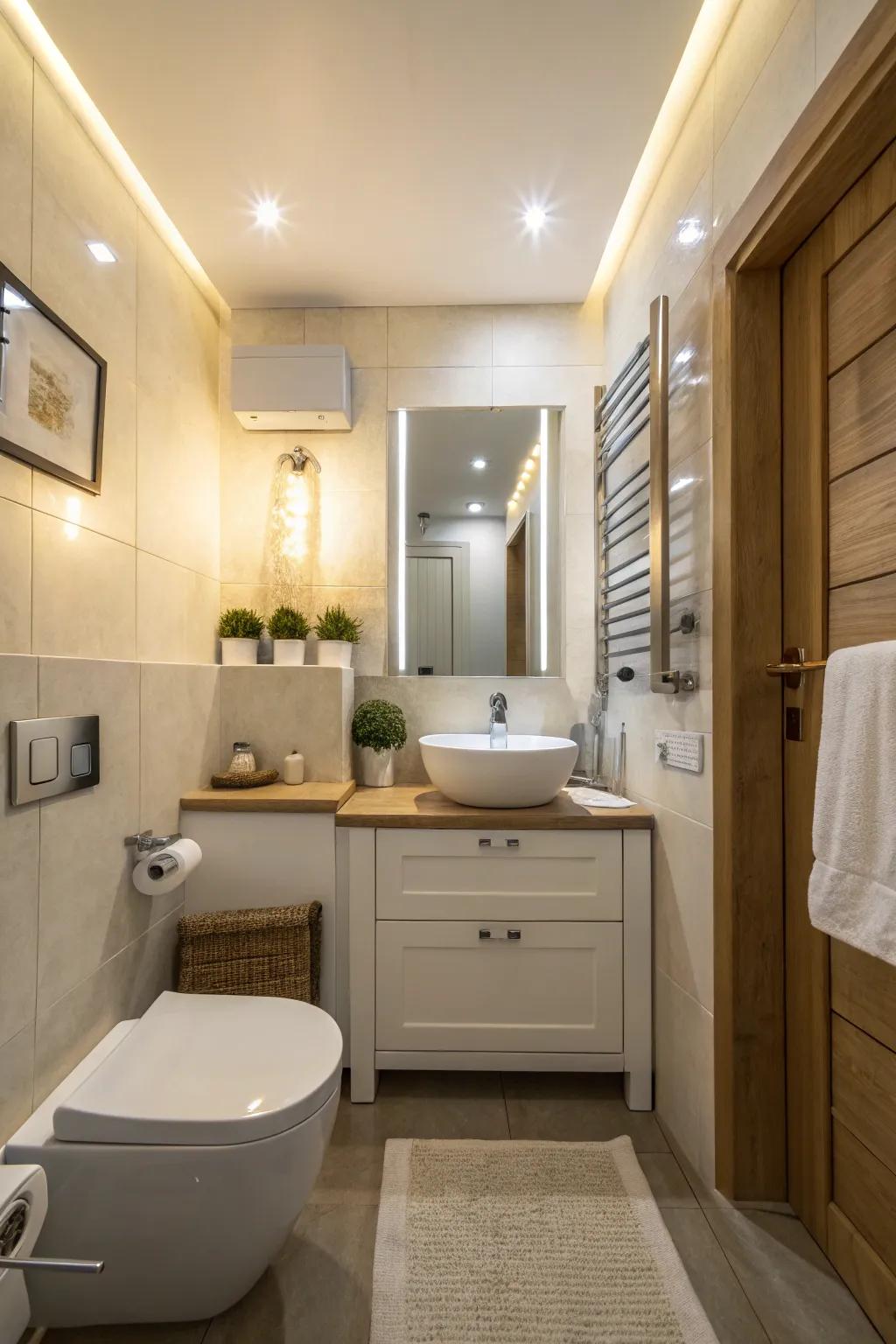 Plenty of lighting enhances the feeling of space in small bathrooms.