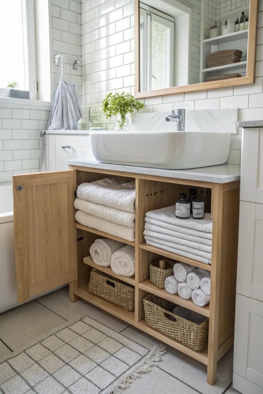 Keep towels stored out of sight using cabinets under the sink.