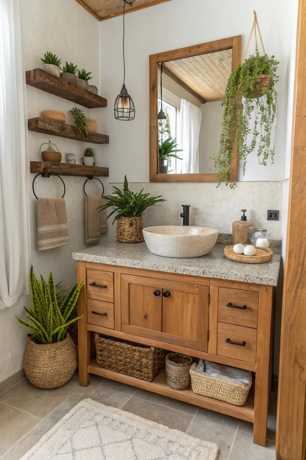 A timber vanity introducing warmth and texture into a small bathroom.