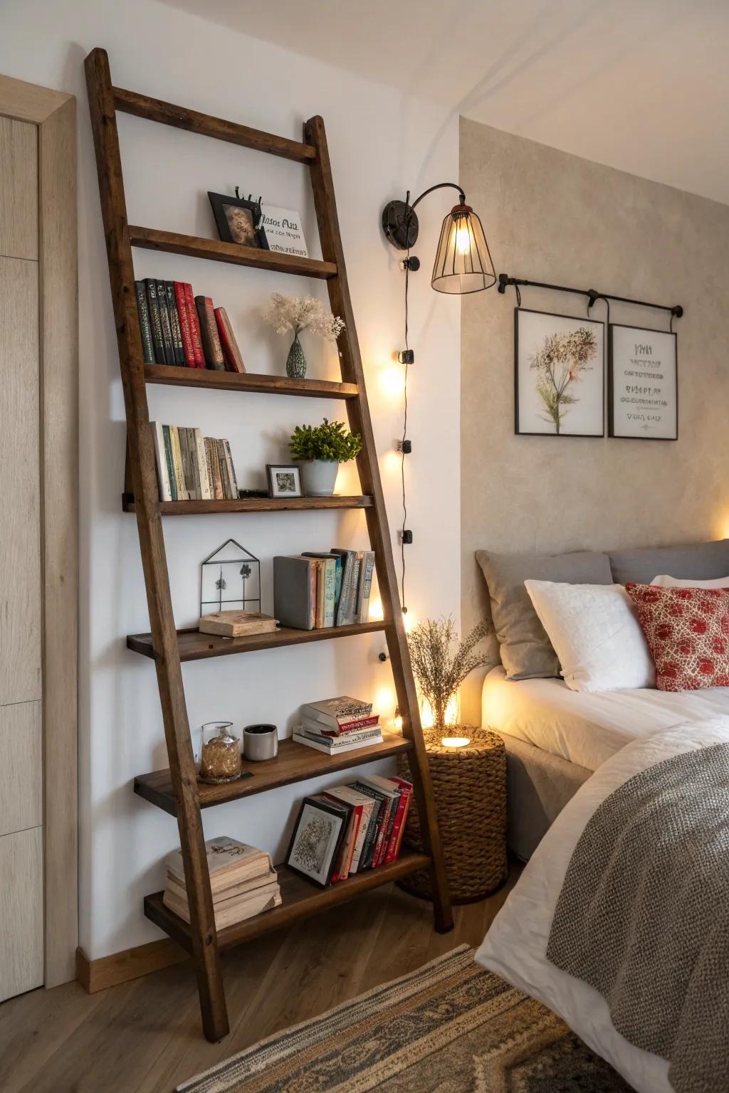 A wall-hanging ladder stand serves as a space-maximizing bedside table.