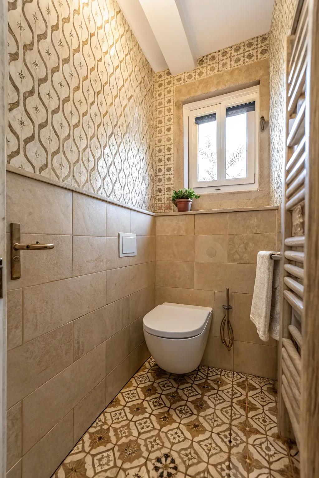 A small bathroom showcasing textured cream tiles.