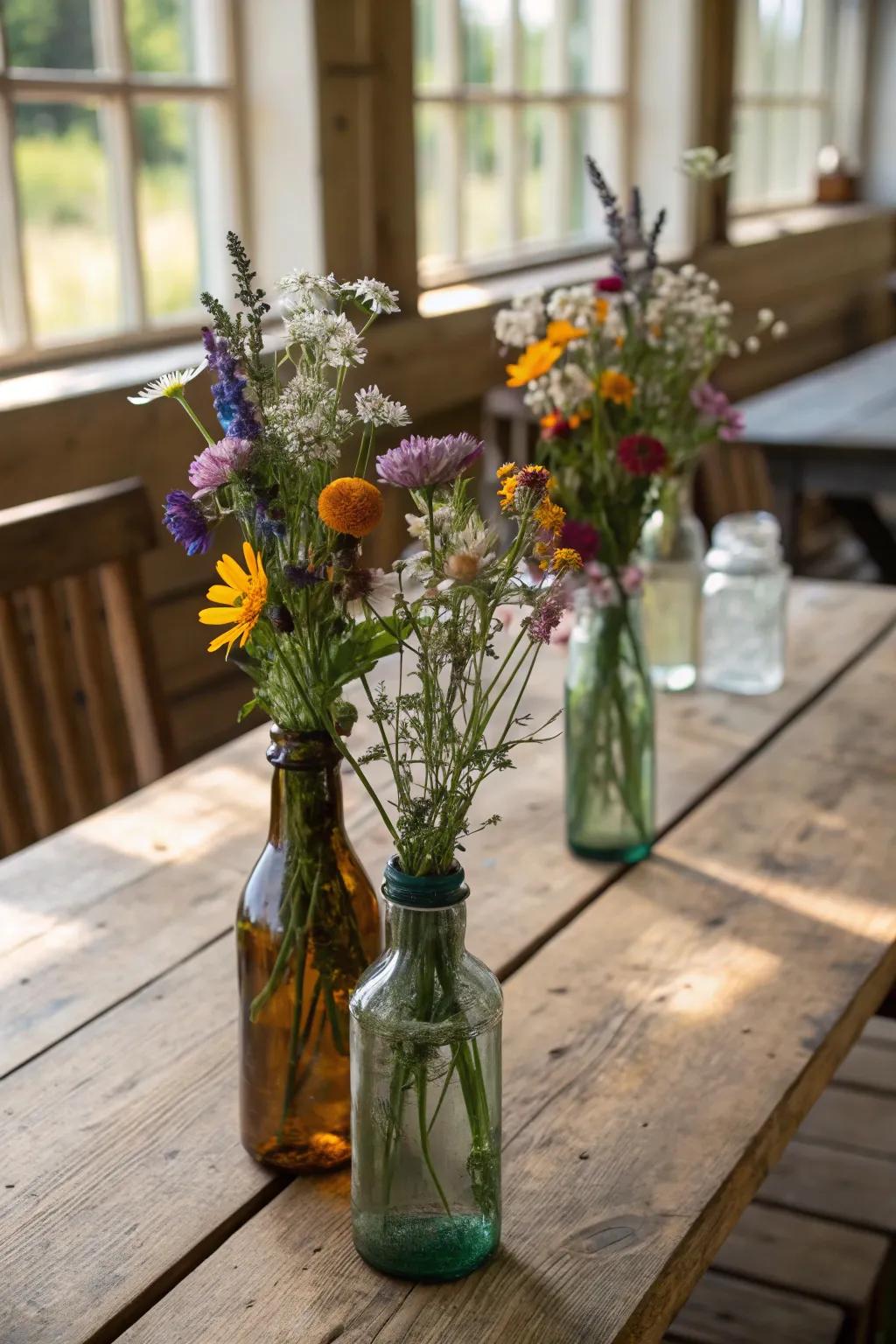 The convergence of classic charm and whimsical refinement is embodied by these glass bottle vases.
