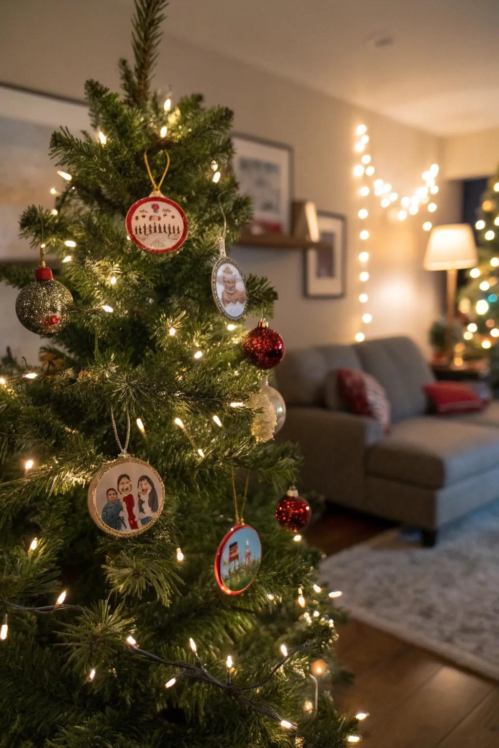 Personalized ornaments adding a personal touch to the tree.