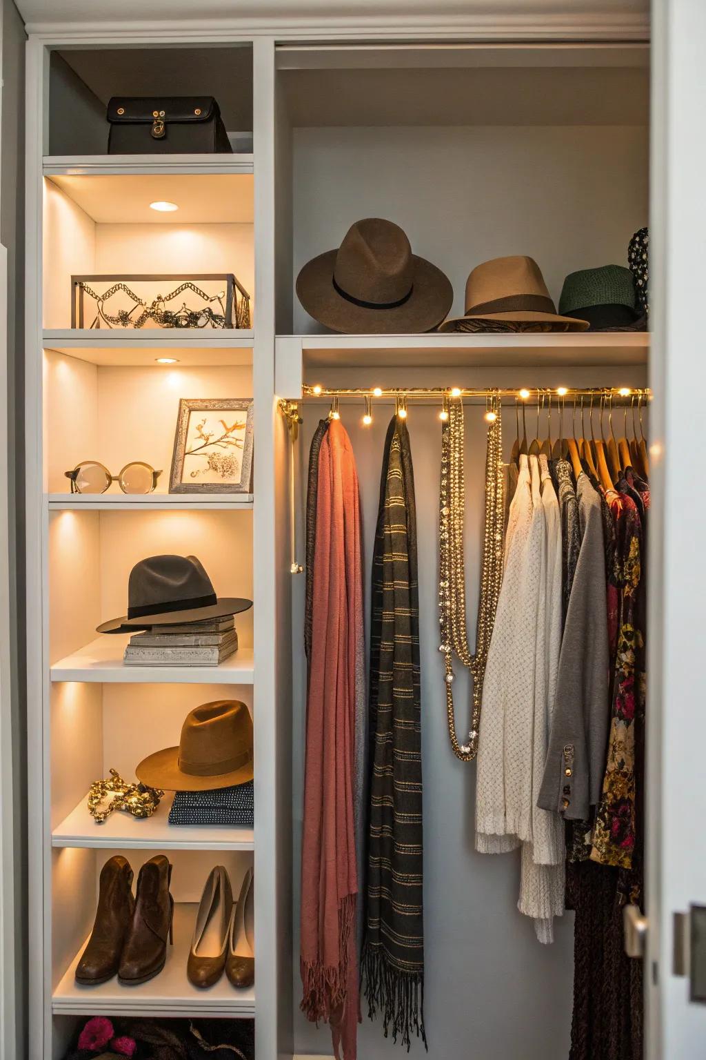 Accent lighting produces a welcoming closet feel.