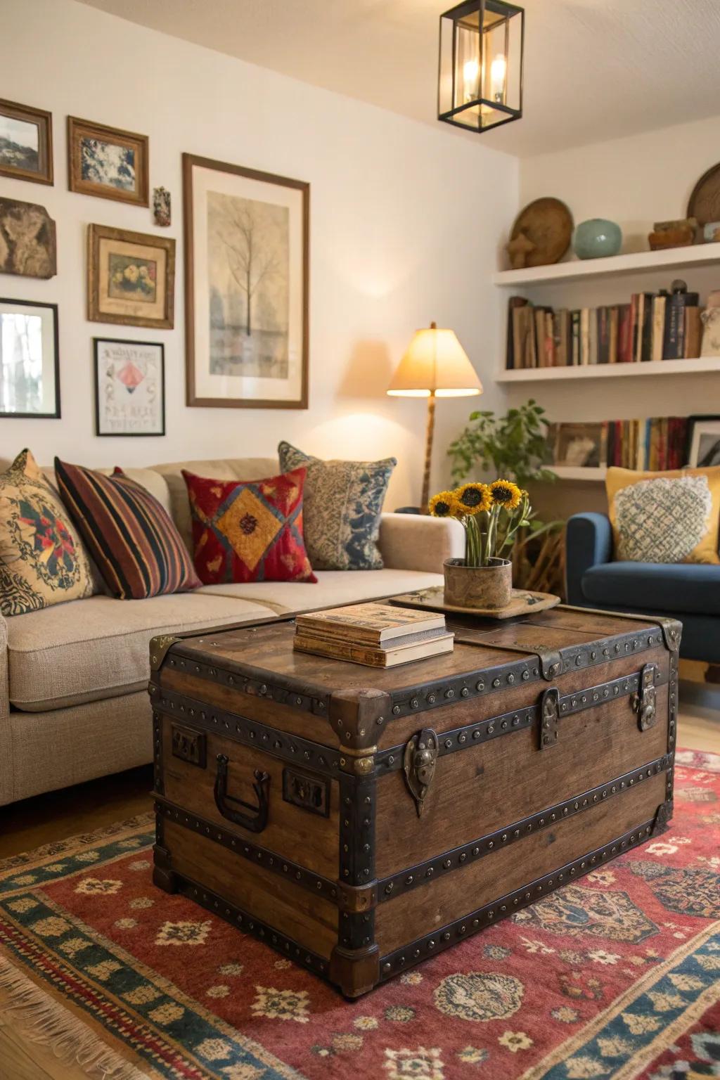 Vintage trunks enhance character and storage in compact spaces.
