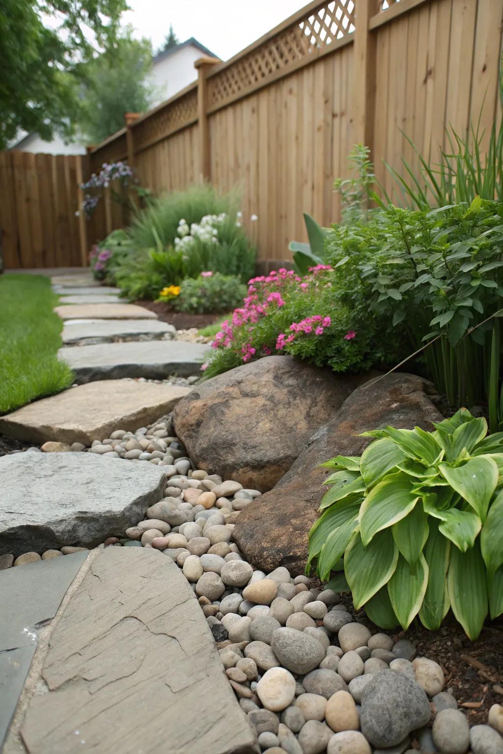 A variety of rock surfaces adding depth to this rock garden.