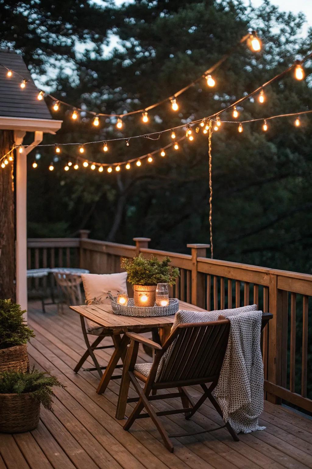 Twinkling lights create a cozy, inviting vibe after dark.