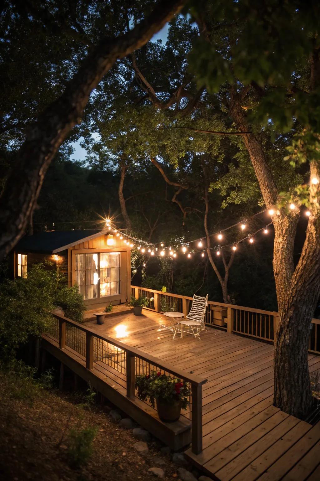 A petite deck glowing with the charm of string lights.