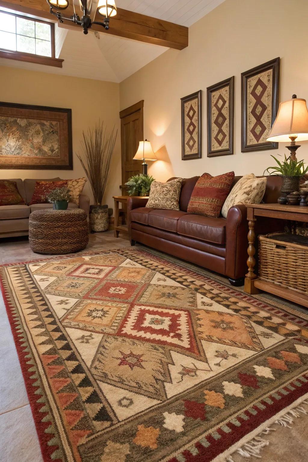 A room rug marks and warms up the den.