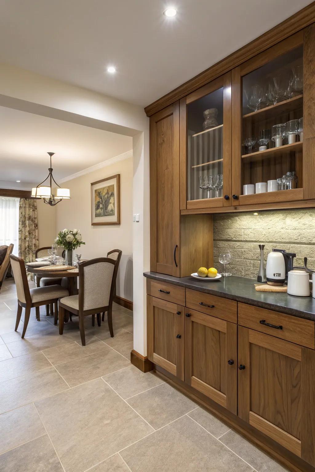 Integrated vertical storage maintains essentials close.