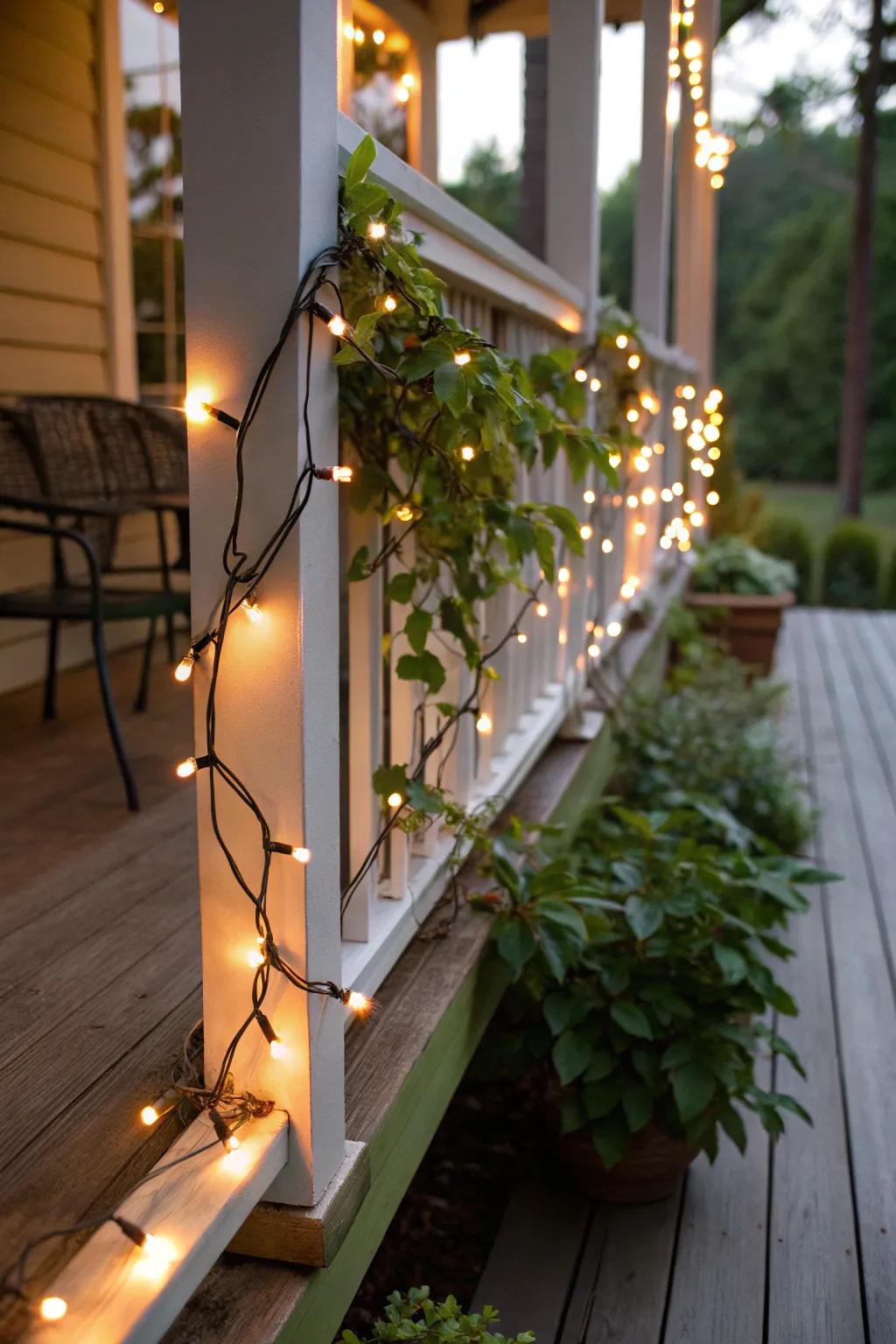 Light strands introduce a shimmering enchantment to your porch.