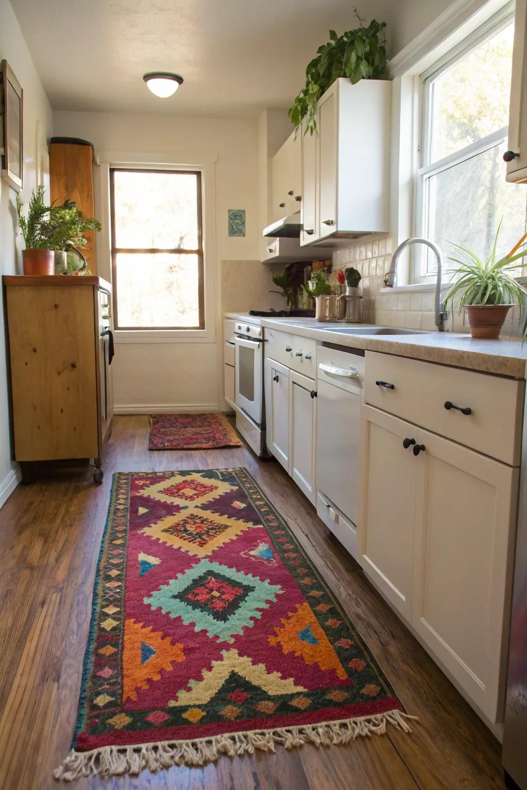 A decorative floor covering brings in coziness and a burst of color.