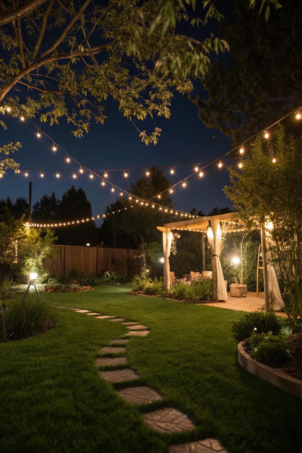 Gentle lighting enhancing the ambiance of a synthetic turf garden.