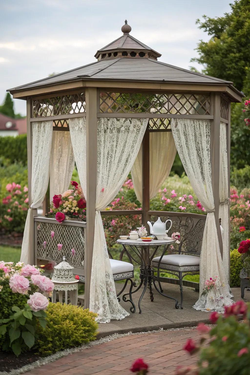 Savor tea elegantly with a charming pavilion setting.