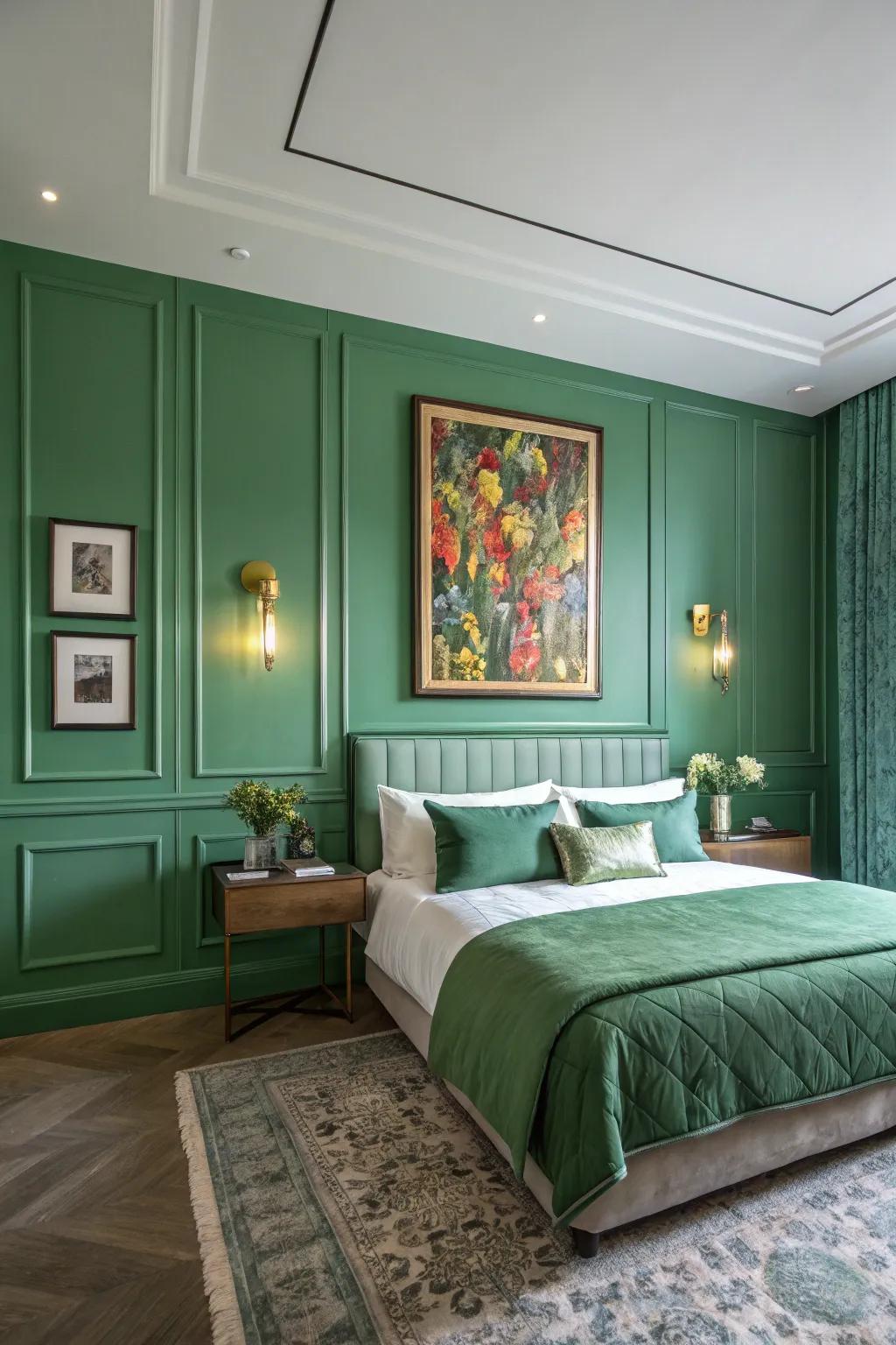 Decorative accents bring character to a verdant bedroom.