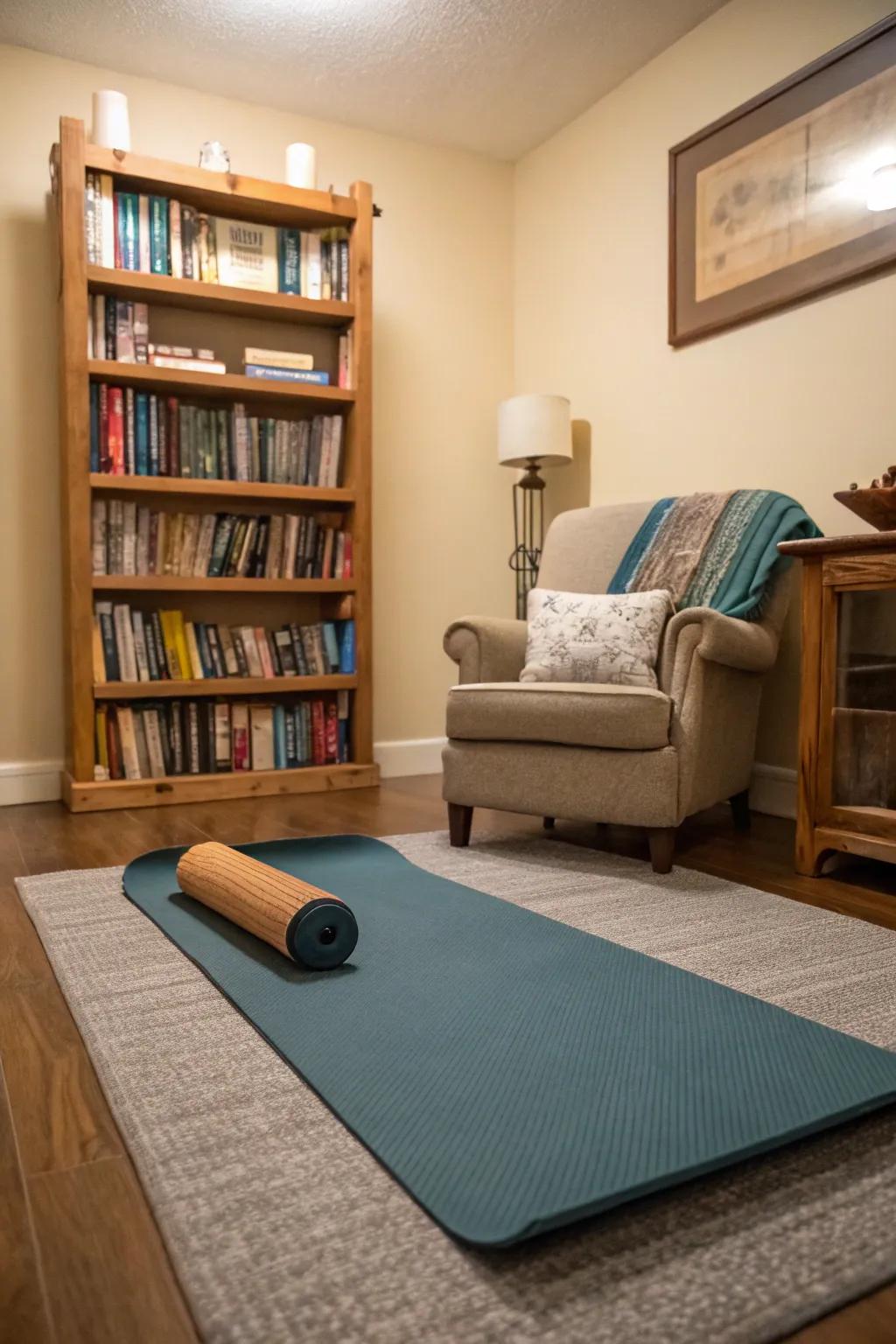 Multi-purpose room combining yoga and reading spaces.