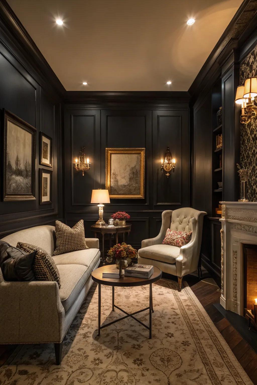 A snug parlor featuring somber walls engendering an intimate ambiance.
