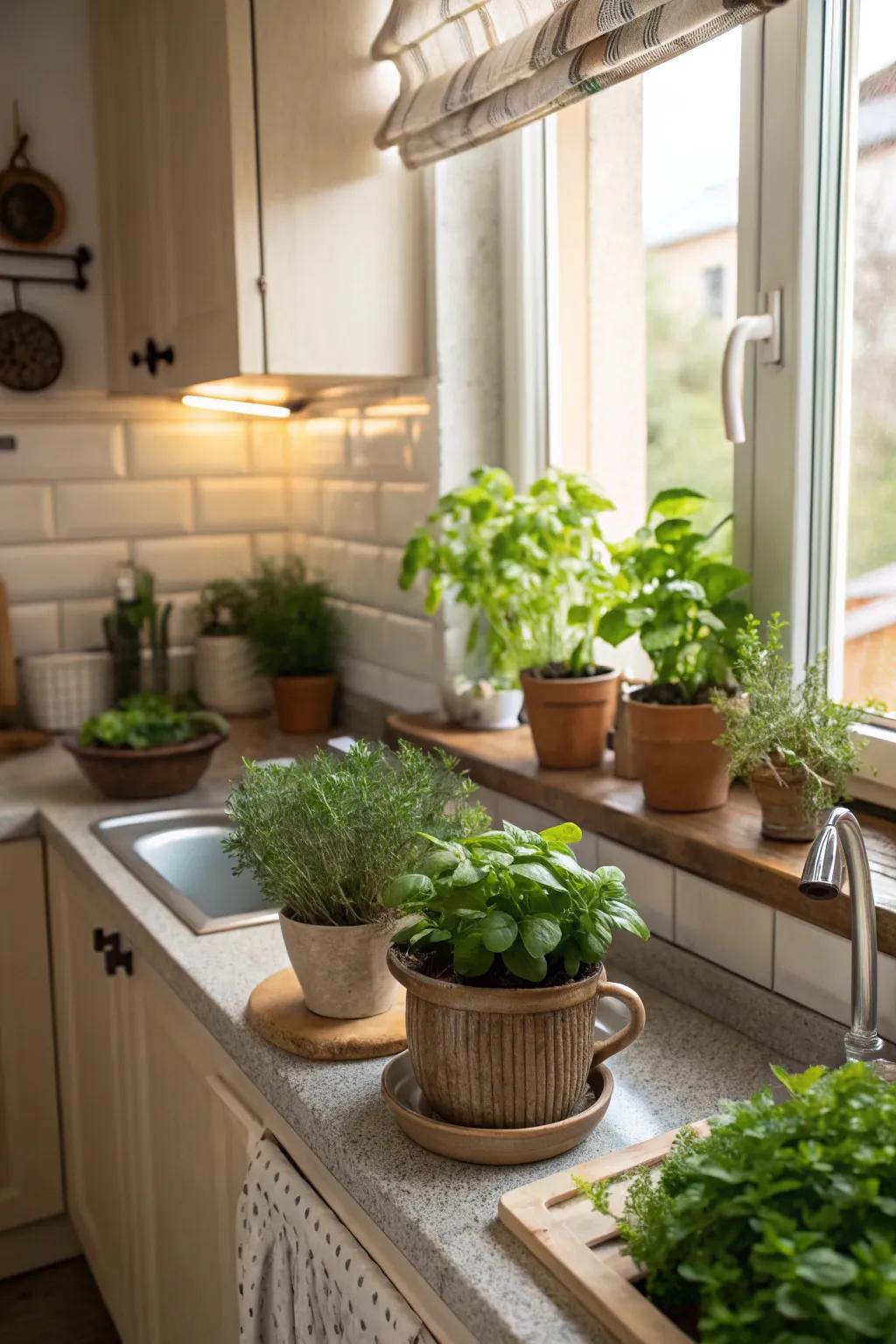 Verdant elements breathe life into this compact kitchen setup.